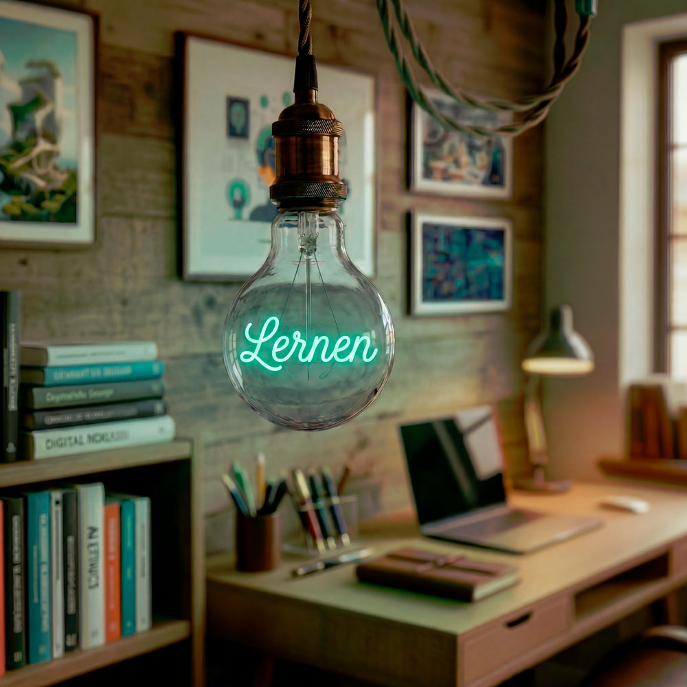  Hängende Glühbirne mit dem Wort Lernen in hellem Mintgrün als leuchtender Glühfaden, im Hintergrund ein verschwommener Arbeitsplatz in warmen Holztönen mit Schreibtisch und Bücherregal